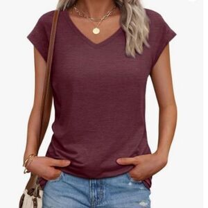 AUTOMET Wine Red V-Neck Cap Sleeve Tee | Soft Casual Basic Top | Women’s Size L